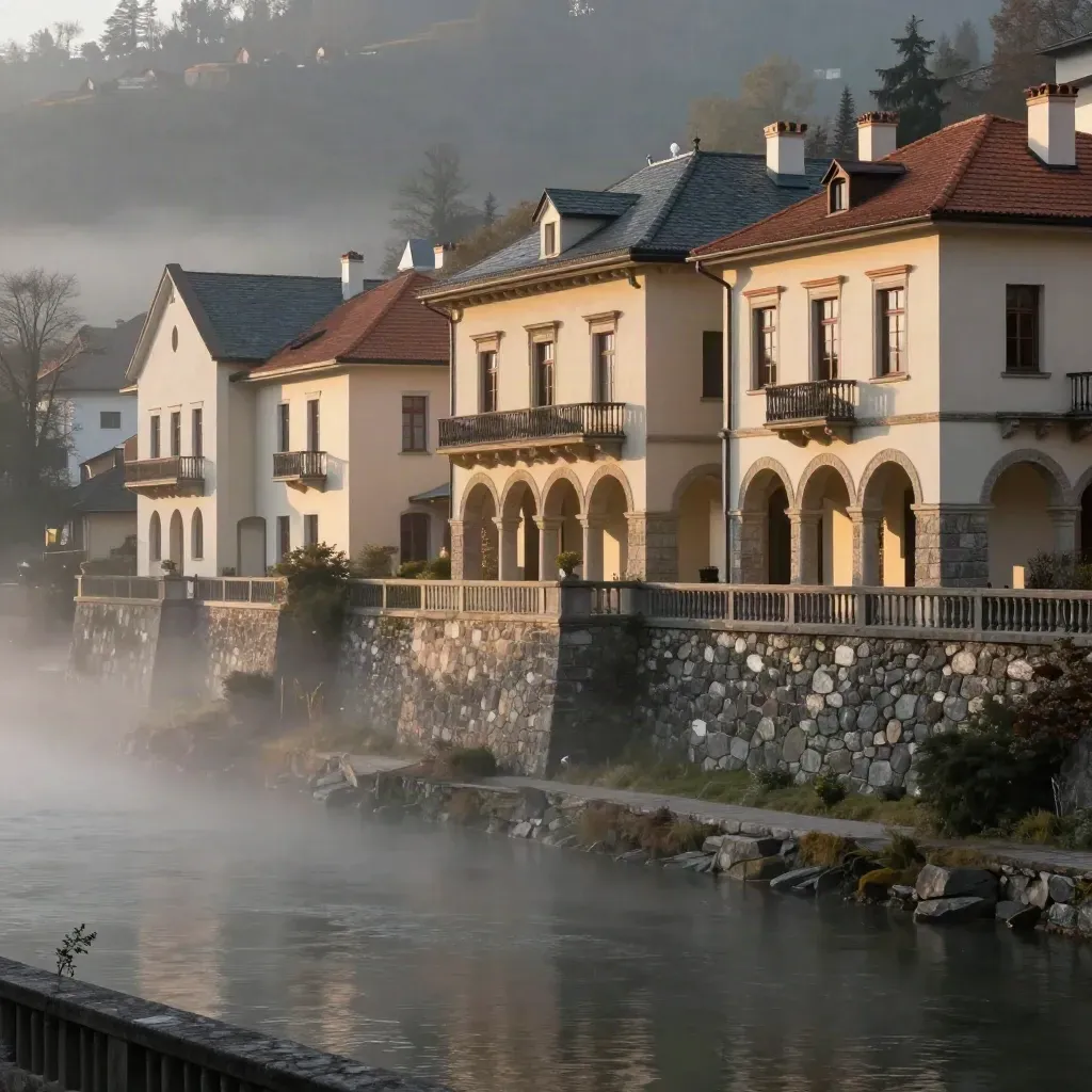 Mlžné lázeňské fasády Karlových Varů nad klidným údolím v teplém večerním světle.